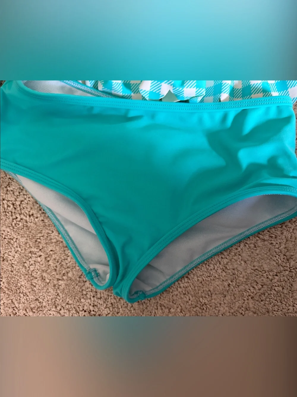 RuffleButts Aqua Gingham Peplum Rash Guard Set size 7